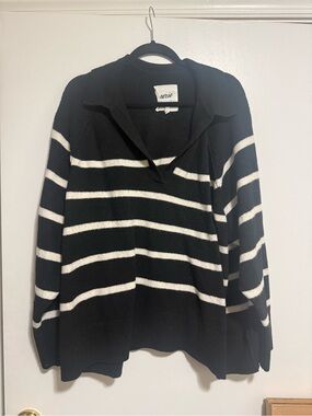 aerie Black and White Striped V-Neck Collared Sweater